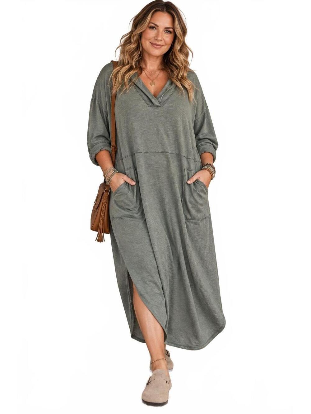 Three Bird Nest Oversized Soft Comfy Olive Green Long Sleeve Maxi Dress -Size XL